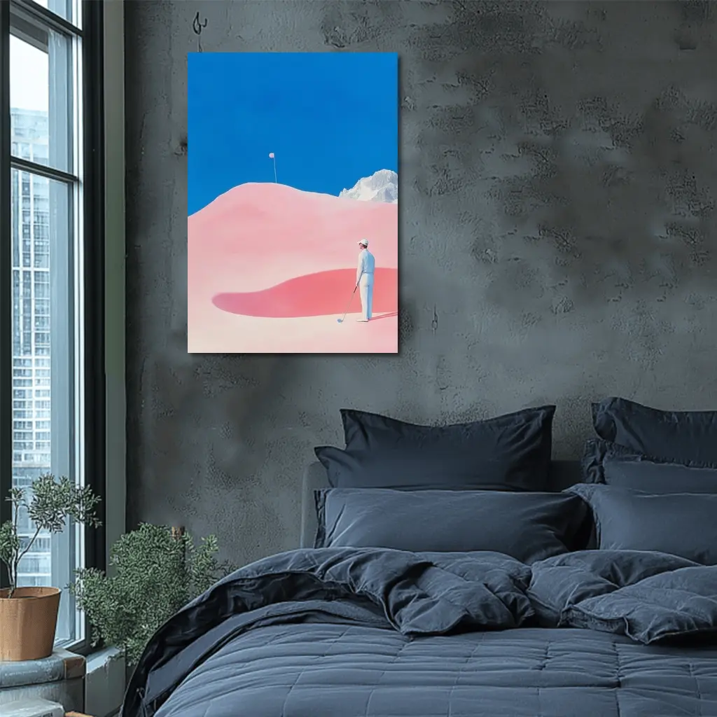 Golfer Pink Dunes Surreal Blue Sky – Wall Art