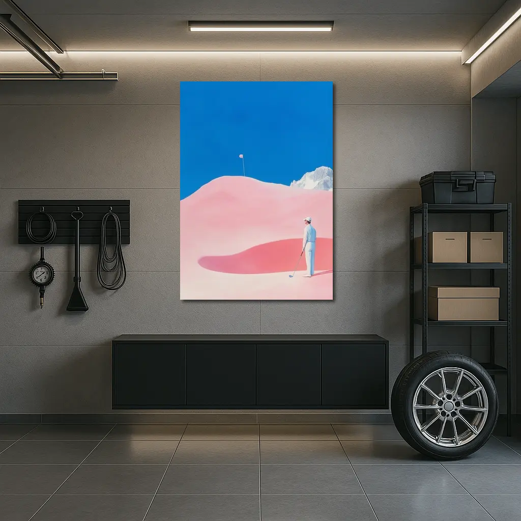Golfer Pink Dunes Surreal Blue Sky – Wall Art