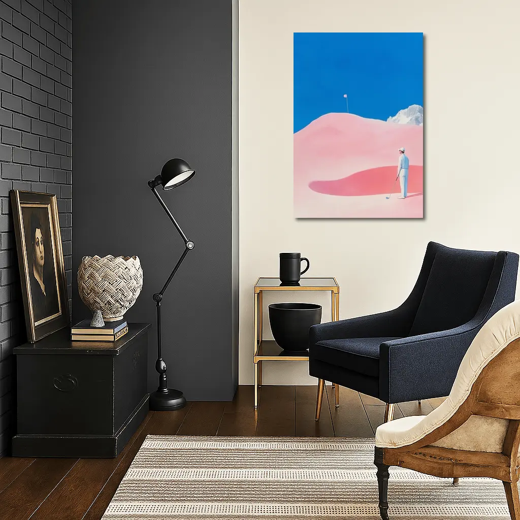 Golfer Pink Dunes Surreal Blue Sky – Wall Art