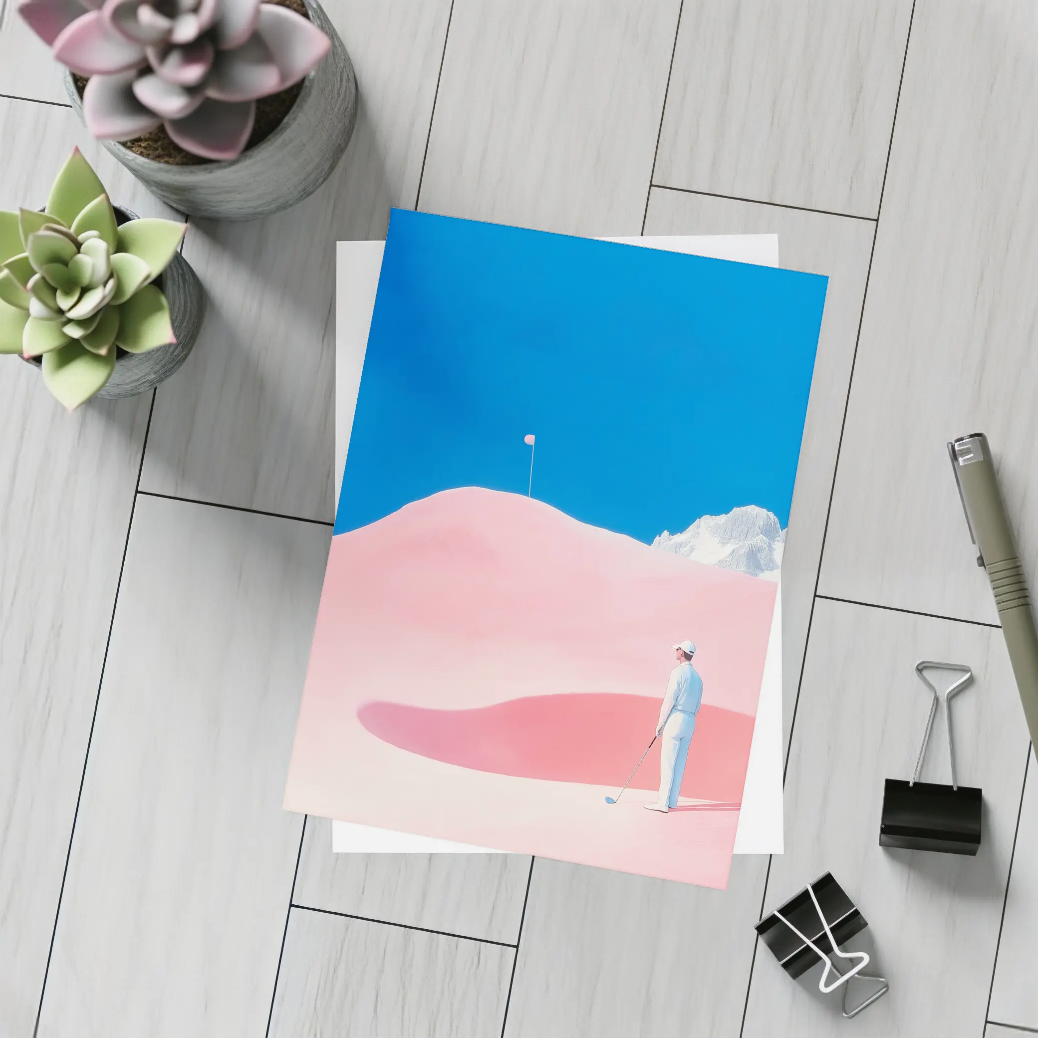 Golfer Pink Dunes Surreal Blue Sky – Postcards