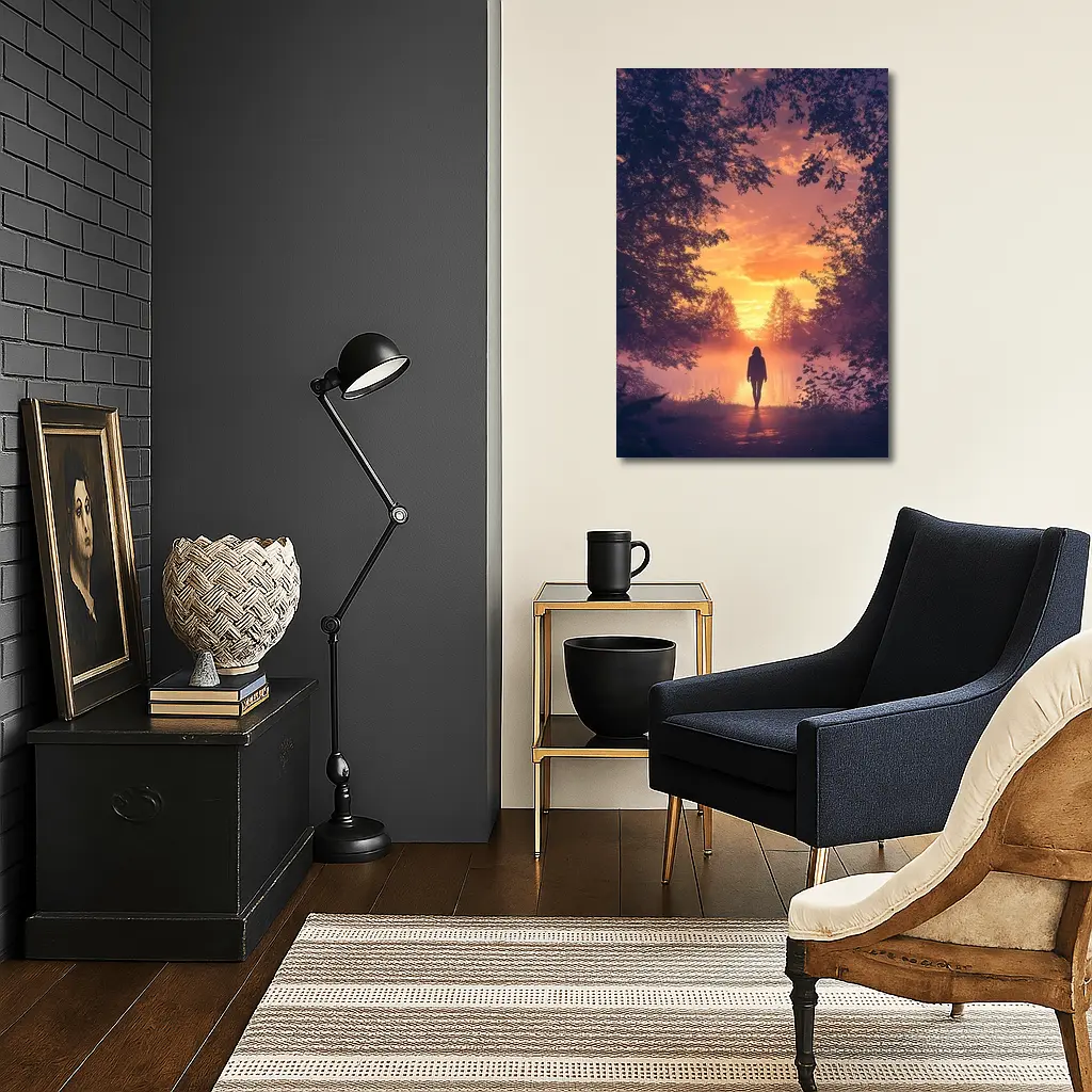 Woman Silhouette Walking Toward Golden Sunset Forest – Wall Art