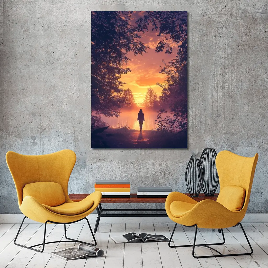 Woman Silhouette Walking Toward Golden Sunset Forest – Wall Art