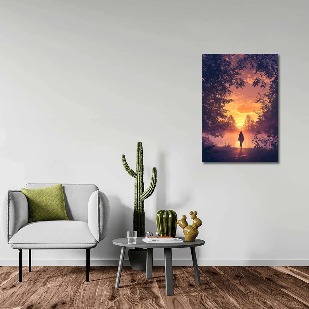 Woman Silhouette Walking Toward Golden Sunset Forest – Wall Art