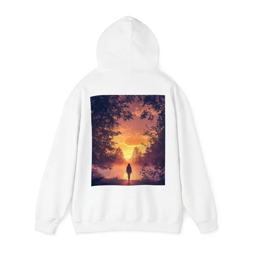 Woman Silhouette Walking Toward Golden Sunset Forest – Hoodies