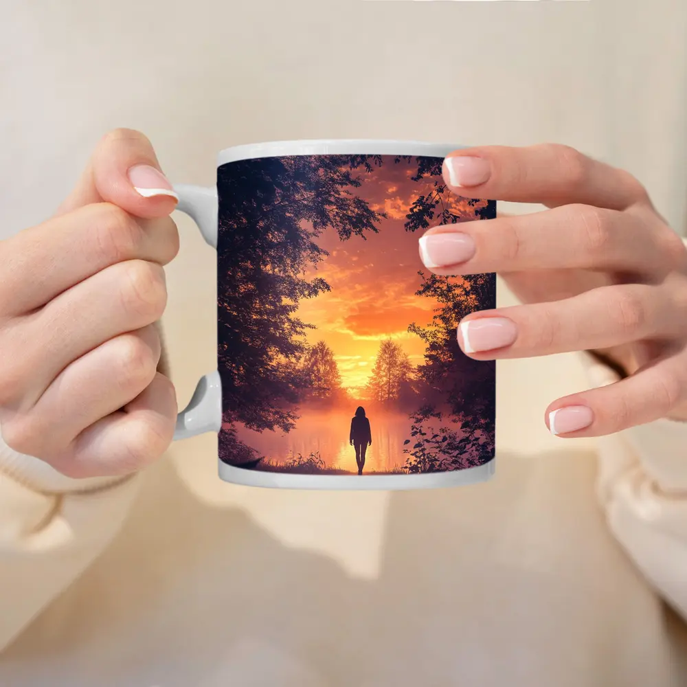 Woman Silhouette Walking Toward Golden Sunset Forest – Mugs