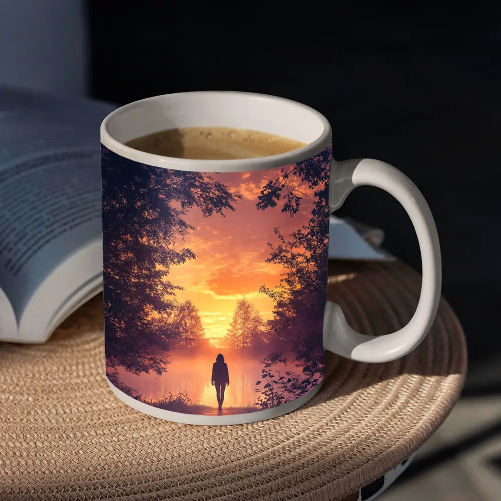 Woman Silhouette Walking Toward Golden Sunset Forest – Mugs
