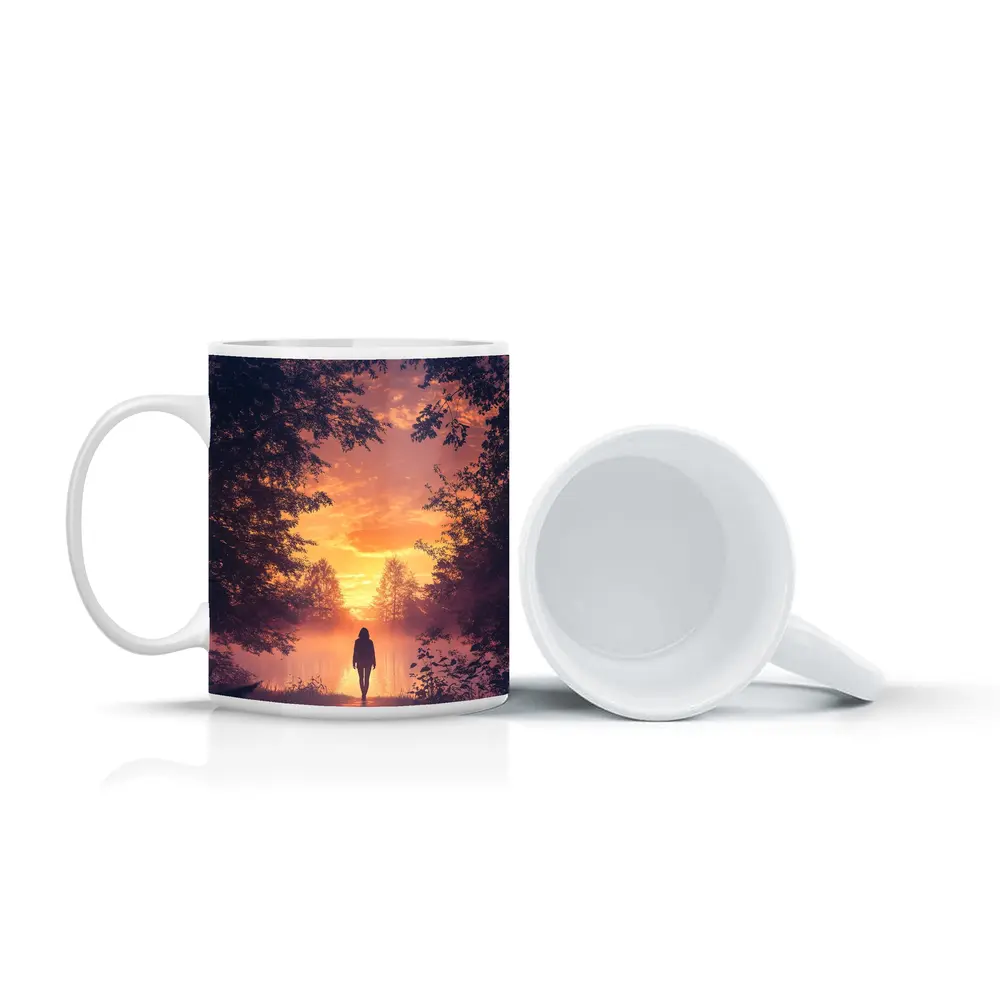 Woman Silhouette Walking Toward Golden Sunset Forest – Mugs