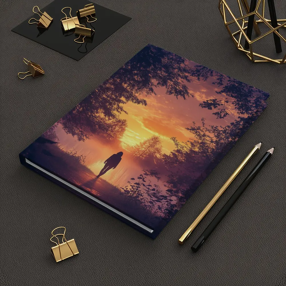 Woman Silhouette Walking Toward Golden Sunset Forest – Notebooks