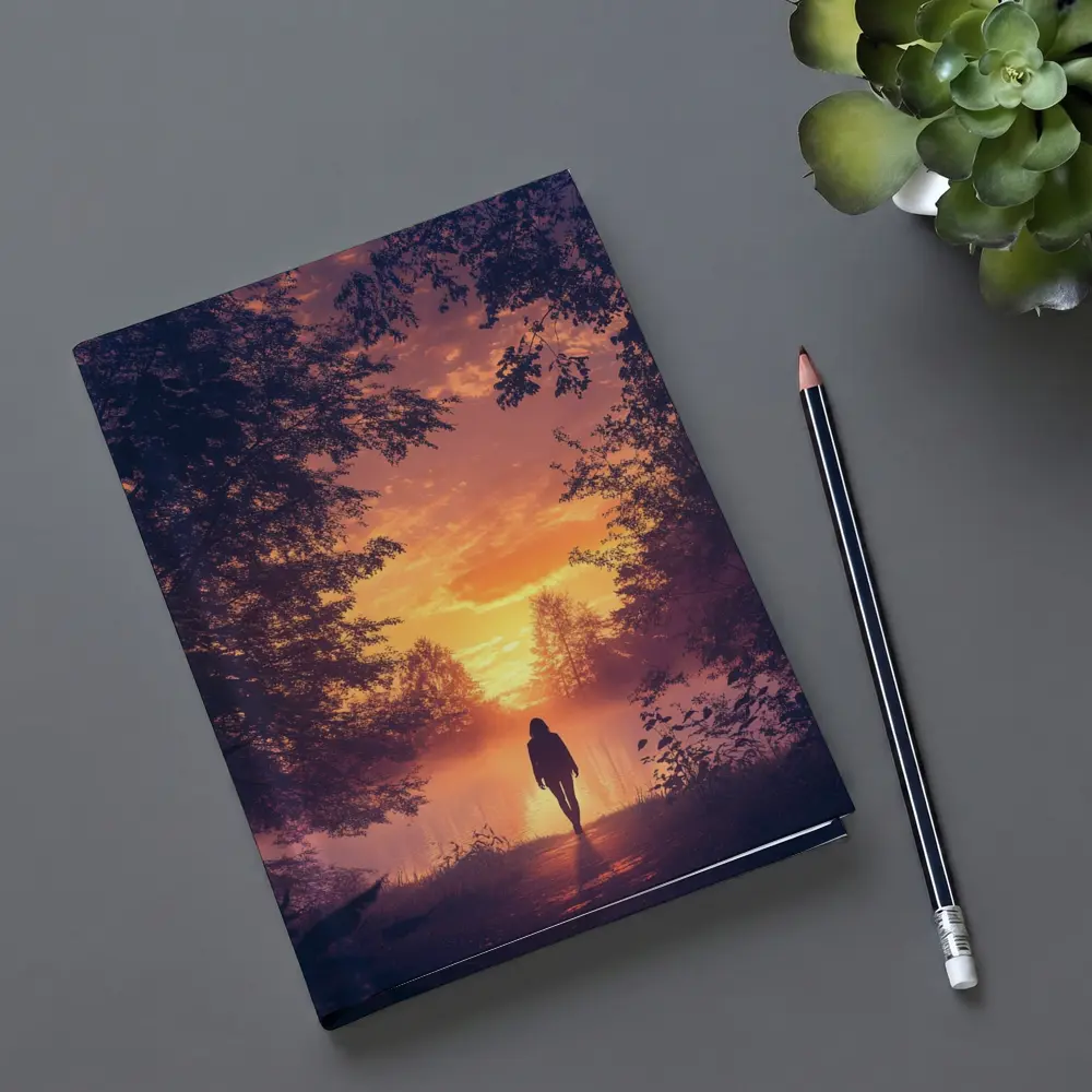 Woman Silhouette Walking Toward Golden Sunset Forest – Notebooks