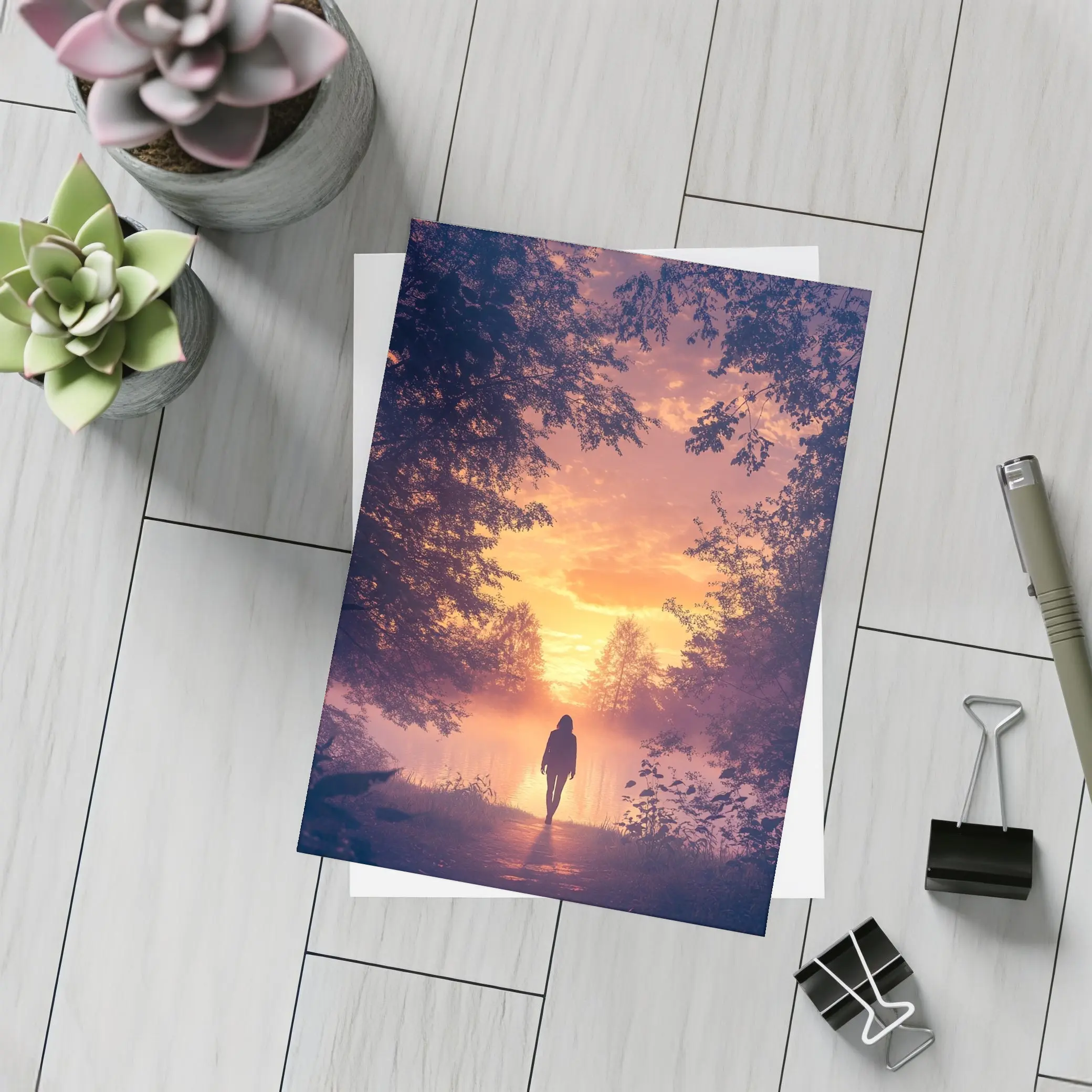 Woman Silhouette Walking Toward Golden Sunset Forest – Postcards