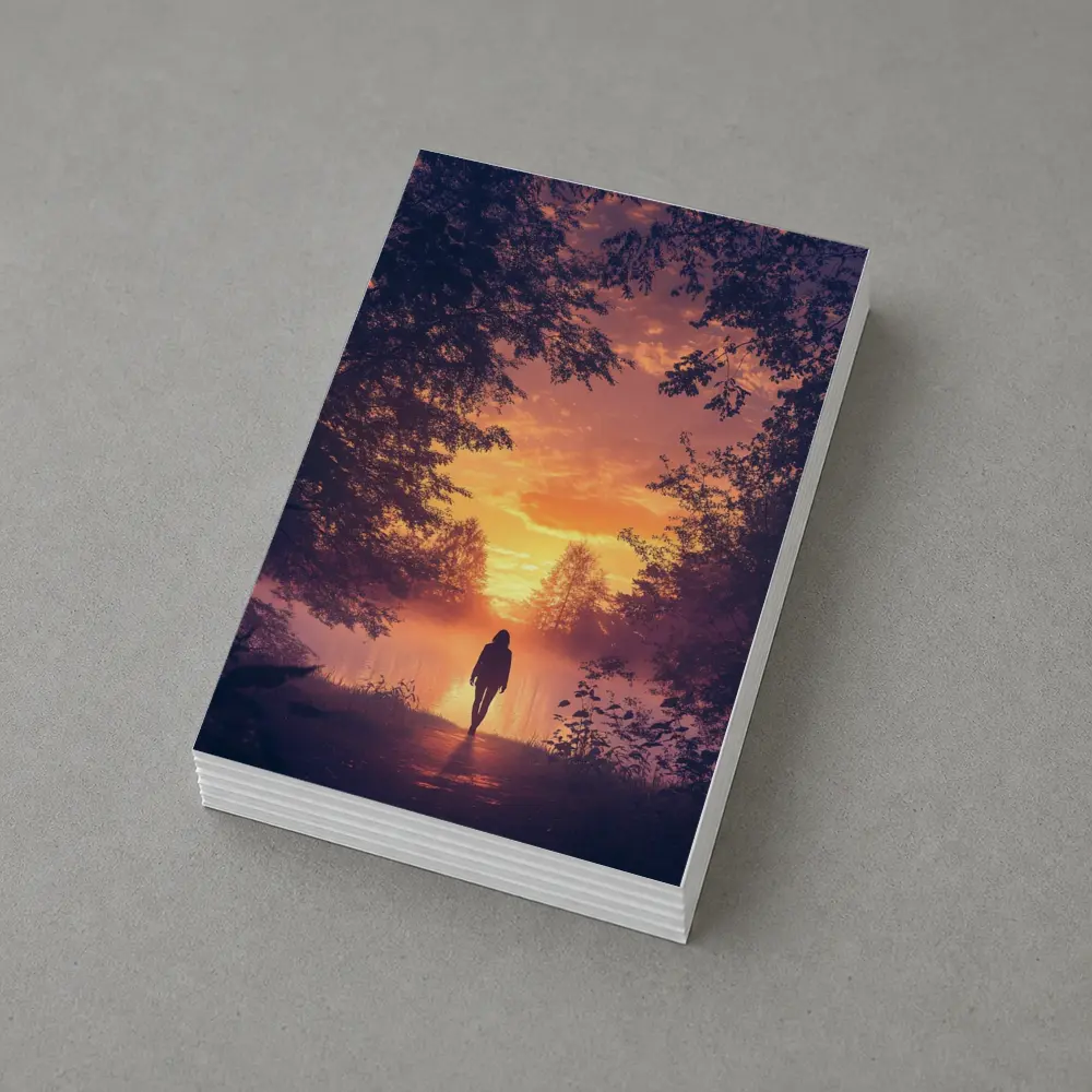 Woman Silhouette Walking Toward Golden Sunset Forest – Postcards