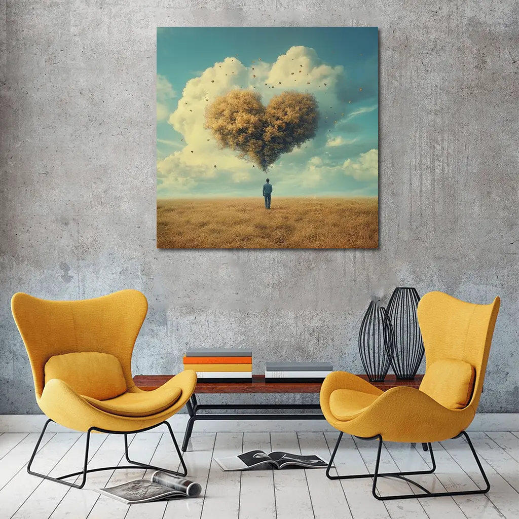 Man Standing Before Giant Heart Cloud Field – Wall Art