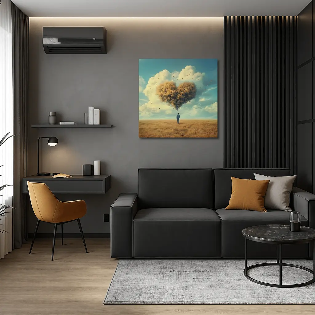 Man Standing Before Giant Heart Cloud Field – Wall Art