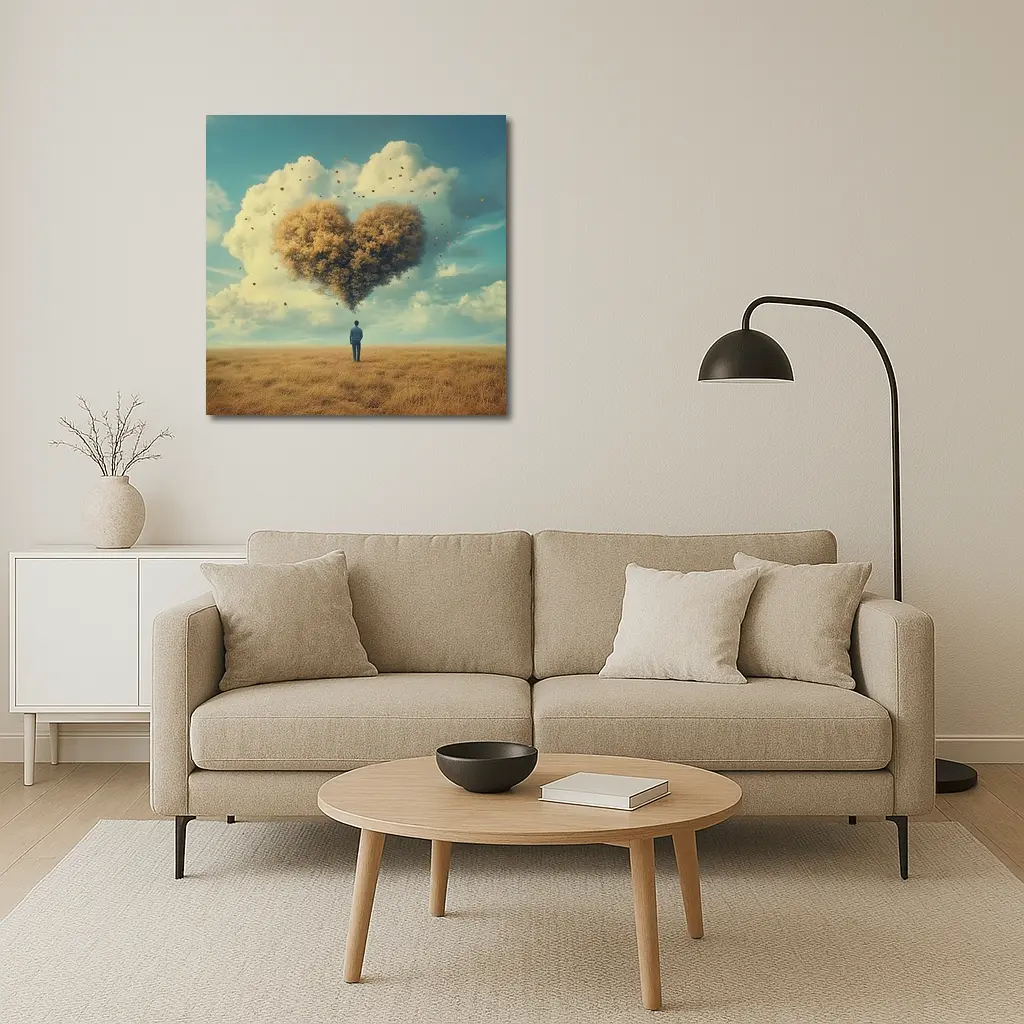 Man Standing Before Giant Heart Cloud Field – Wall Art