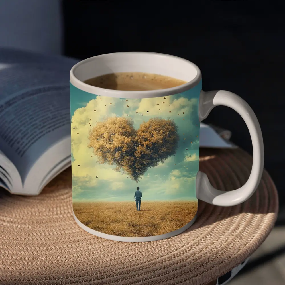Man Standing Before Giant Heart Cloud Field – Mugs