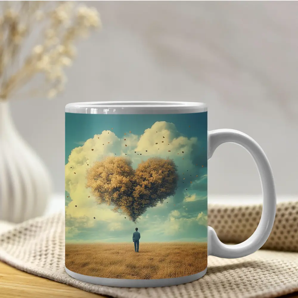 Man Standing Before Giant Heart Cloud Field – Mugs
