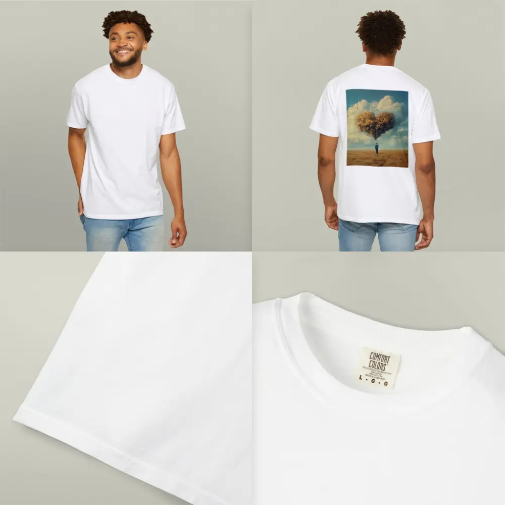 Man Standing Before Giant Heart Cloud Field – T-Shirts