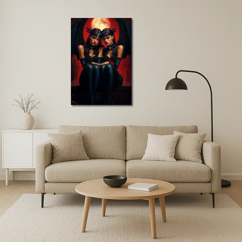 Twin Demon Girls Red Moon Dark Fantasy – Wall Art