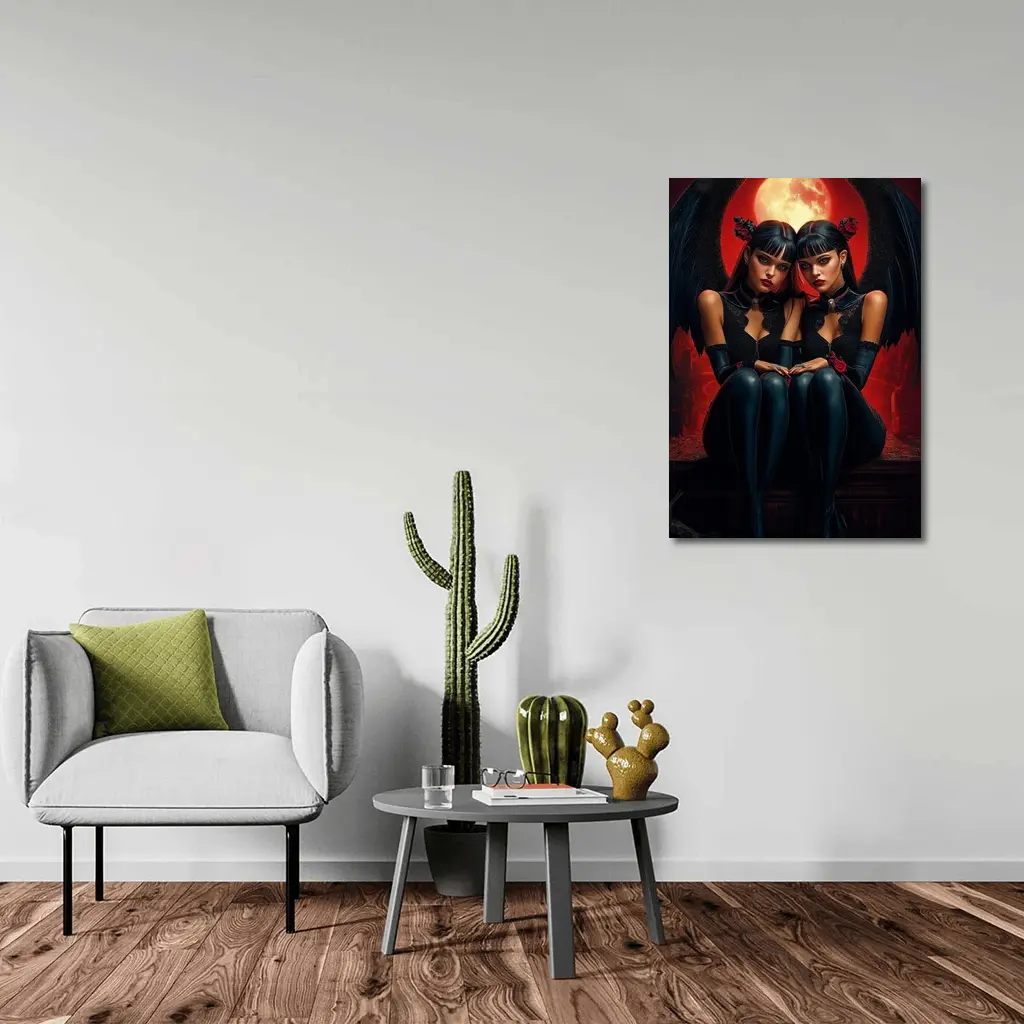 Twin Demon Girls Red Moon Dark Fantasy – Wall Art