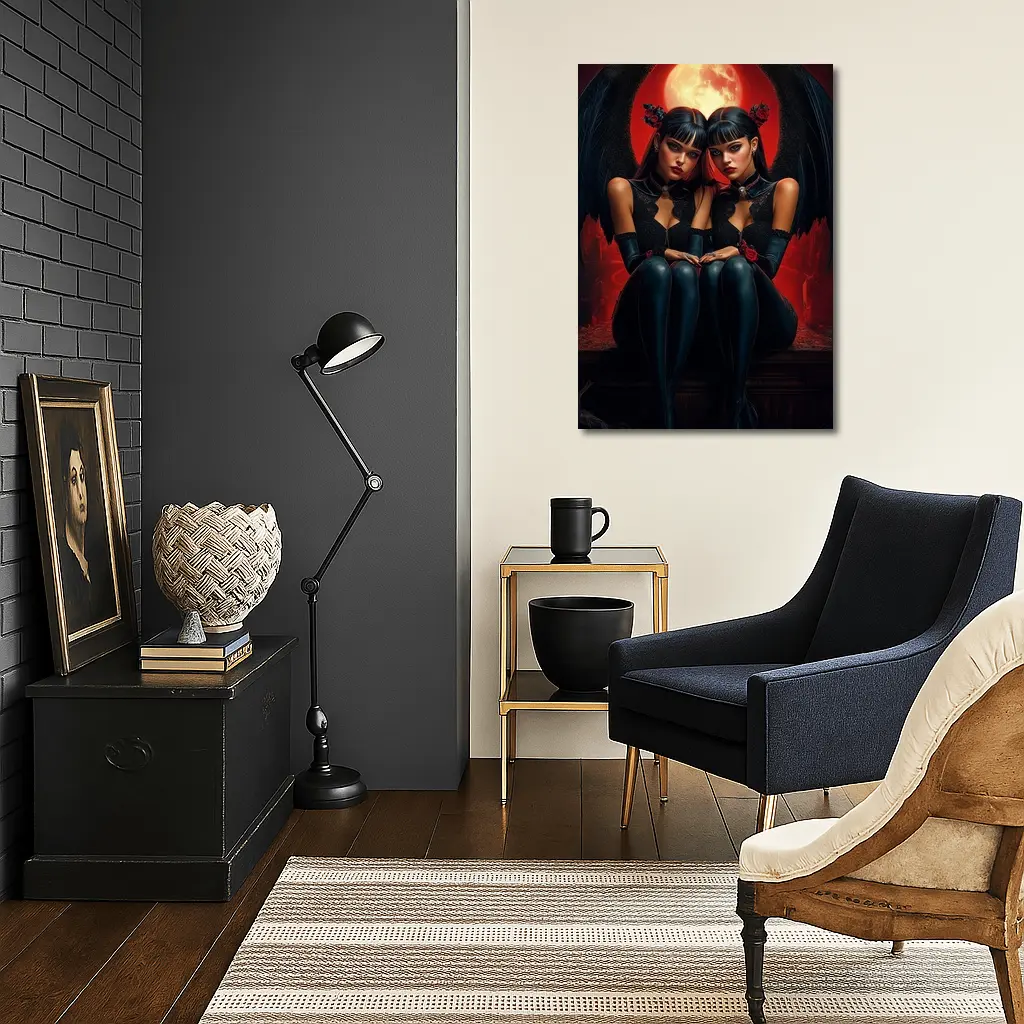 Twin Demon Girls Red Moon Dark Fantasy – Wall Art