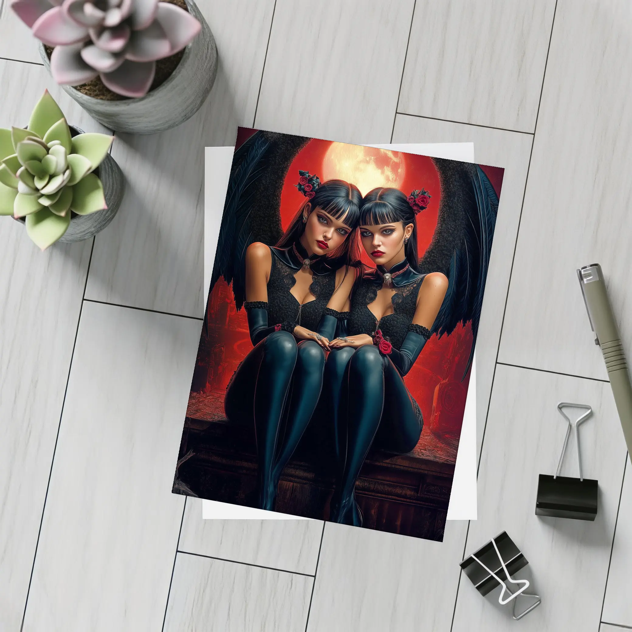 Twin Demon Girls Red Moon Dark Fantasy – Postcards