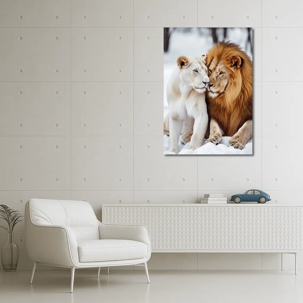 White Lioness and Lion in Snow – Wall Art