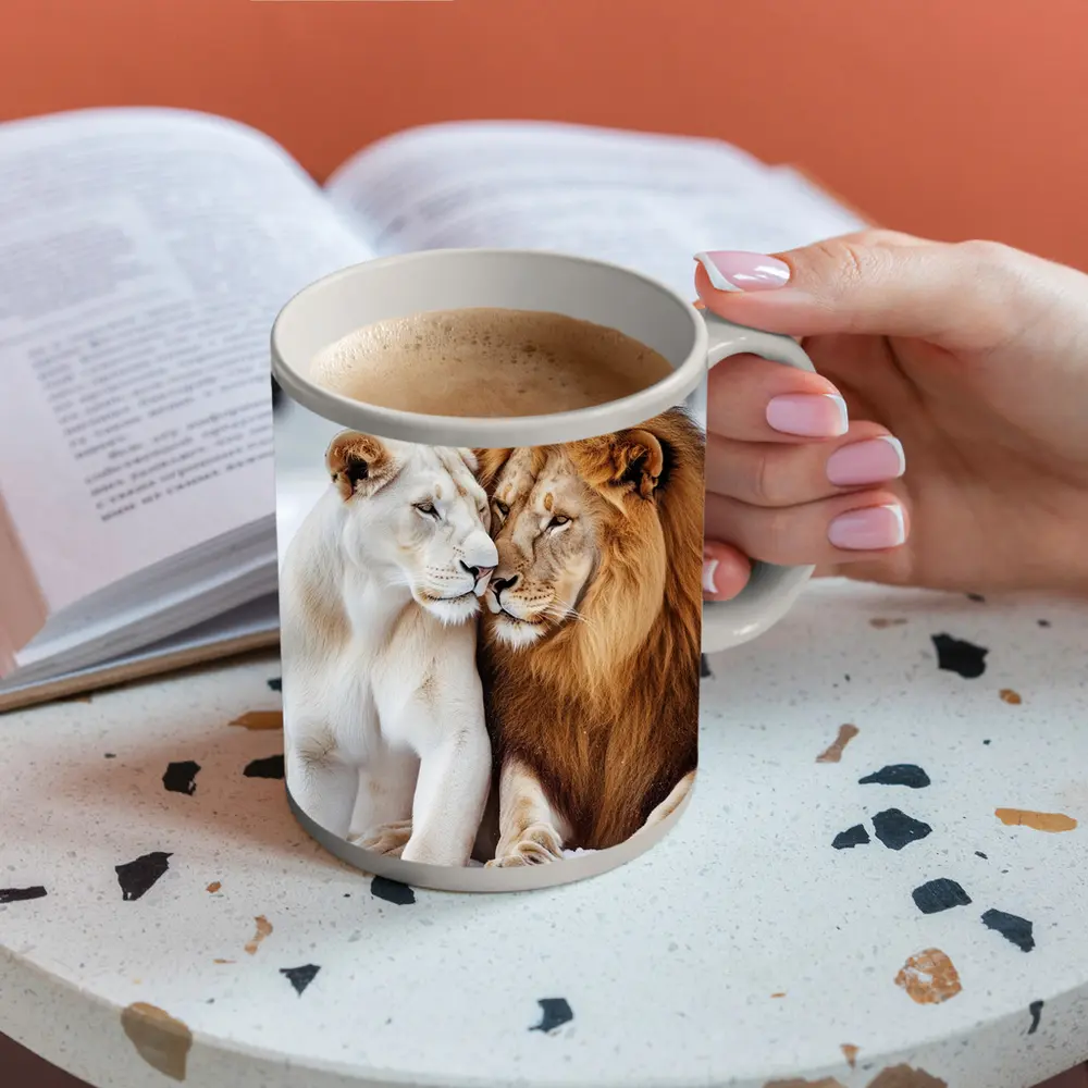 White Lioness and Lion in Snow – Mugs