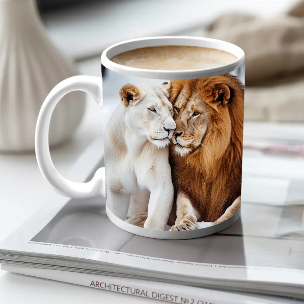 White Lioness and Lion in Snow – Mugs