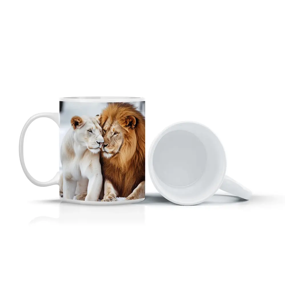 White Lioness and Lion in Snow – Mugs