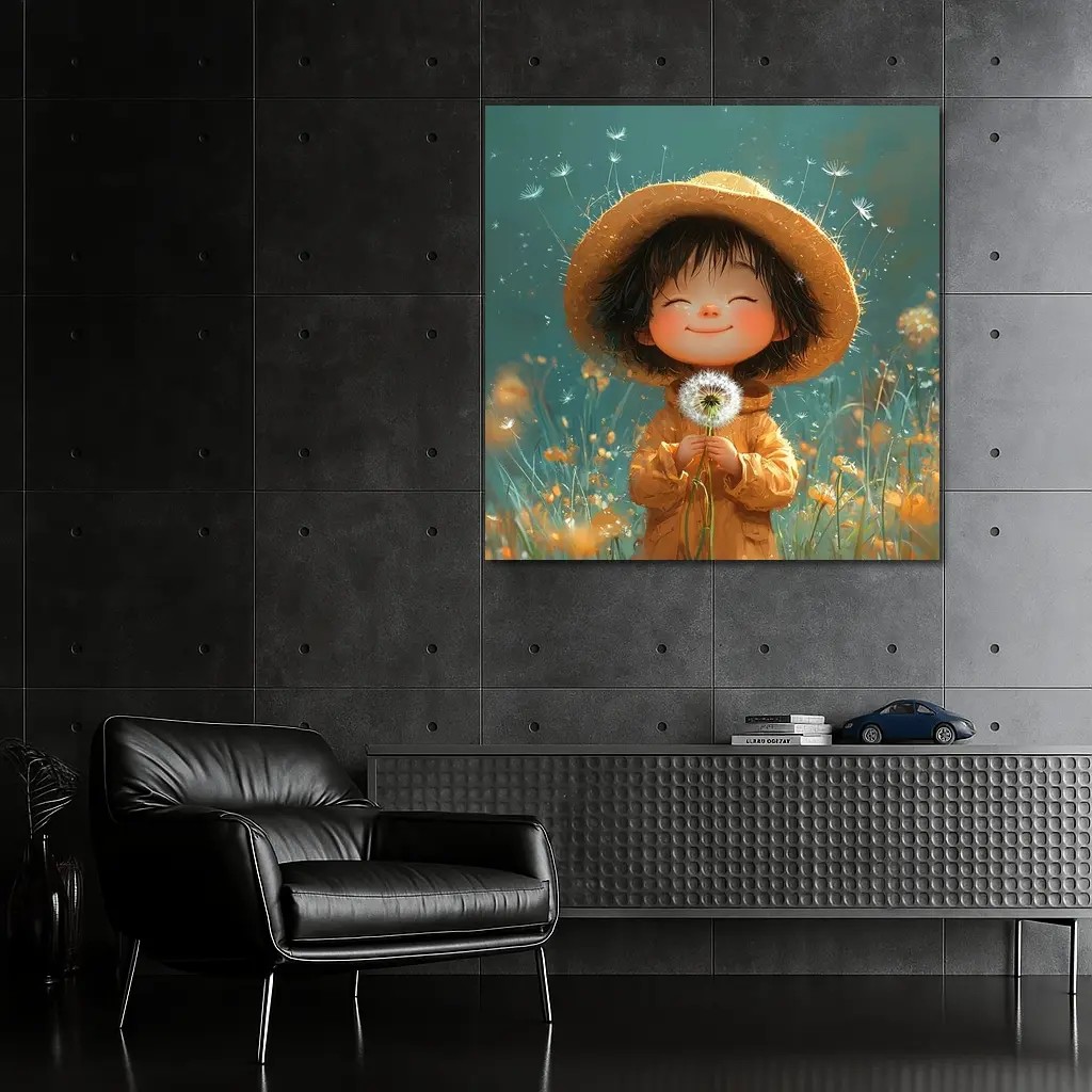 Cute Girl Dandelion Field Cartoon Art – Wall Art