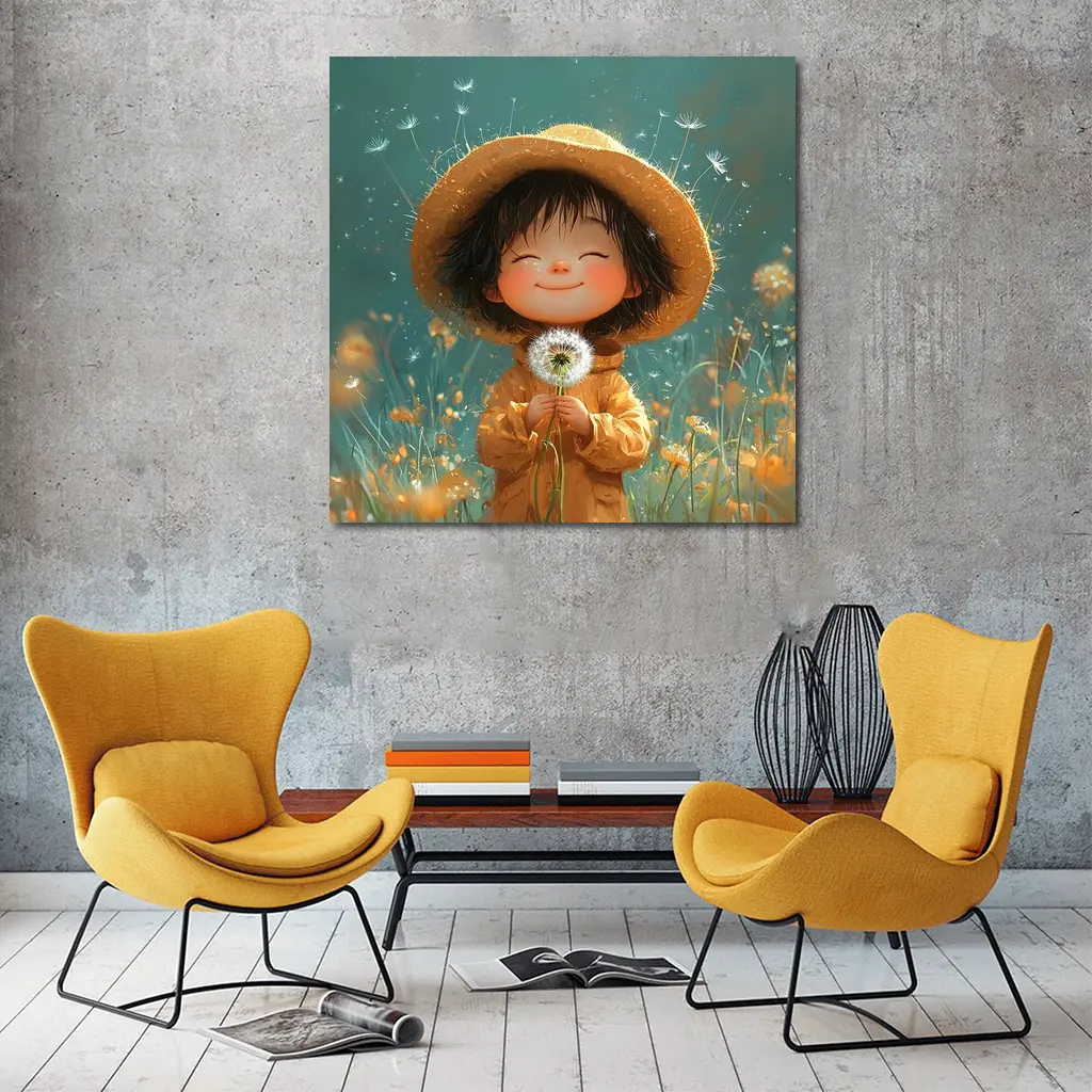 Cute Girl Dandelion Field Cartoon Art – Wall Art