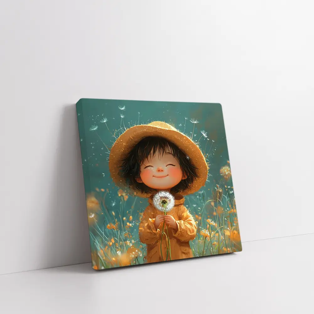 Cute Girl Dandelion Field Cartoon Art – Wall Art