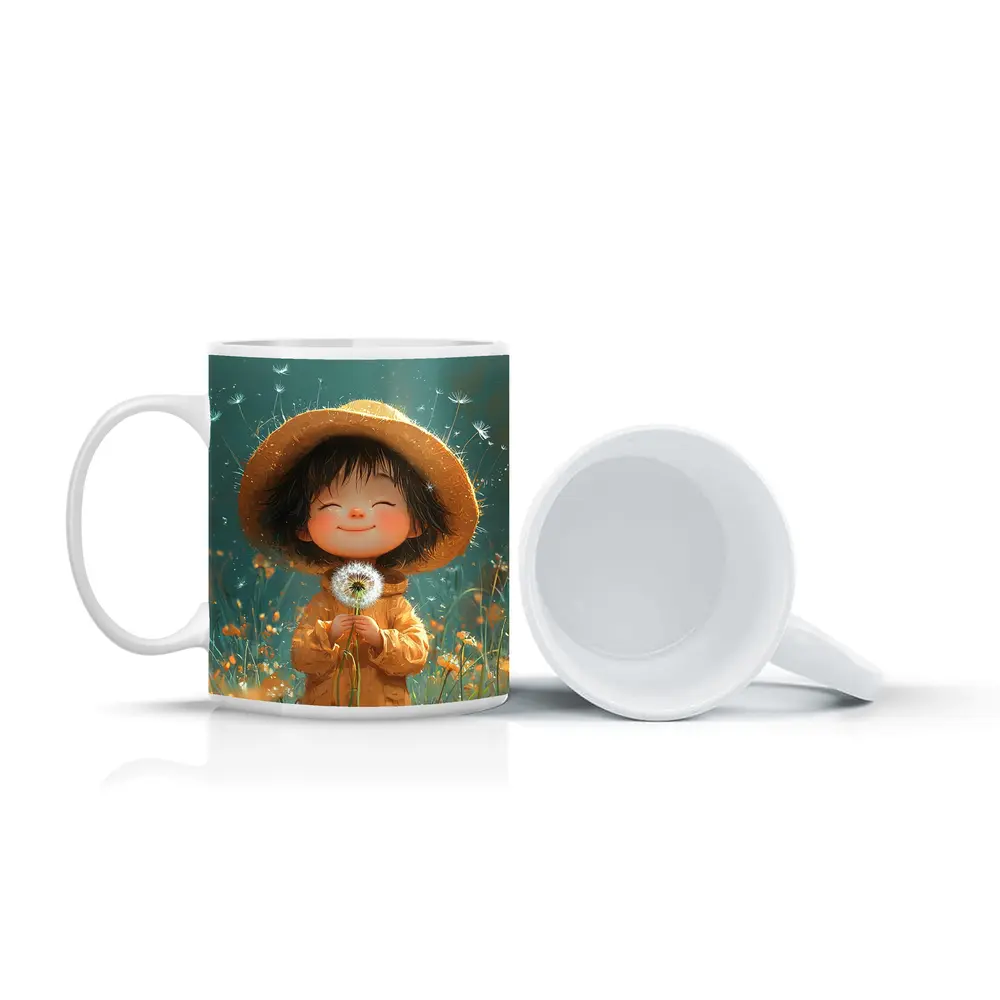 Cute Girl Dandelion Field Cartoon Art – Mugs