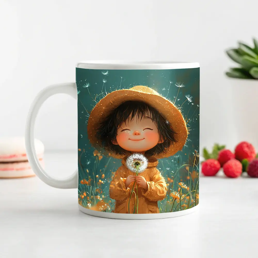 Cute Girl Dandelion Field Cartoon Art – Mugs