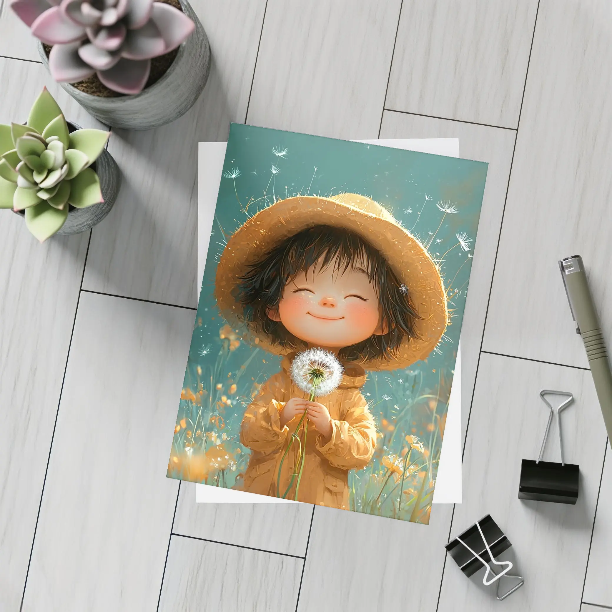 Cute Girl Dandelion Field Cartoon Art – Postcards