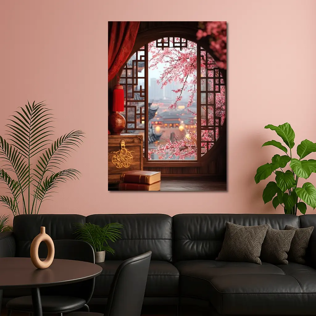 Chinese Window Cherry Blossoms Ancient City View – Wall Art