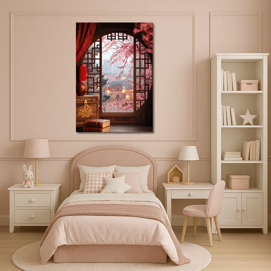 Chinese Window Cherry Blossoms Ancient City View – Wall Art
