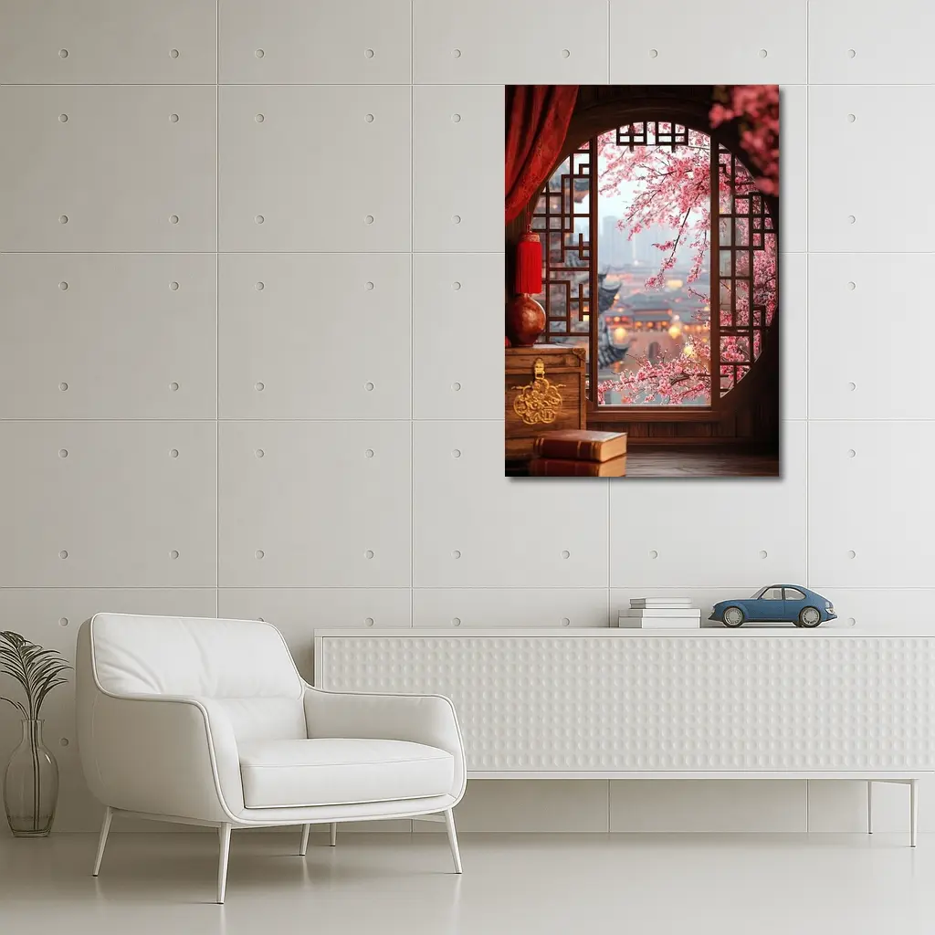Chinese Window Cherry Blossoms Ancient City View – Wall Art