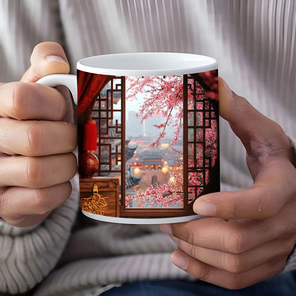 Chinese Window Cherry Blossoms Ancient City View – Mugs