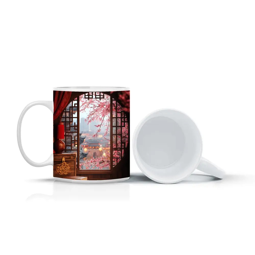 Chinese Window Cherry Blossoms Ancient City View – Mugs