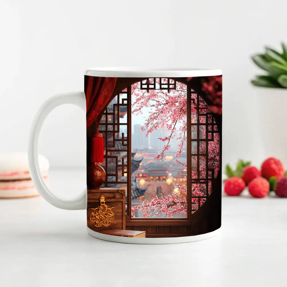 Chinese Window Cherry Blossoms Ancient City View – Mugs