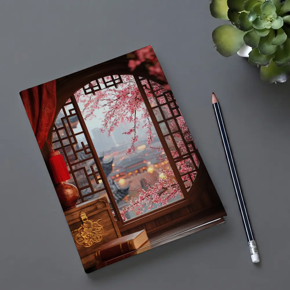 Chinese Window Cherry Blossoms Ancient City View – Notebooks