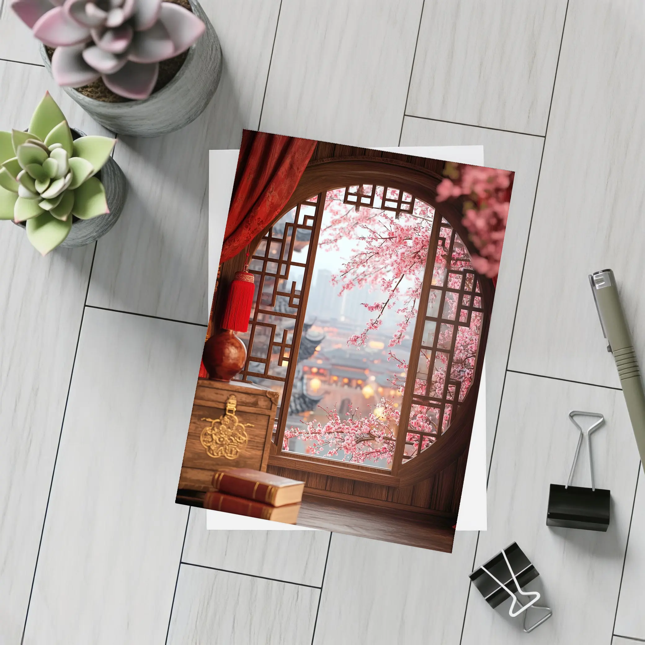 Chinese Window Cherry Blossoms Ancient City View – Postcards