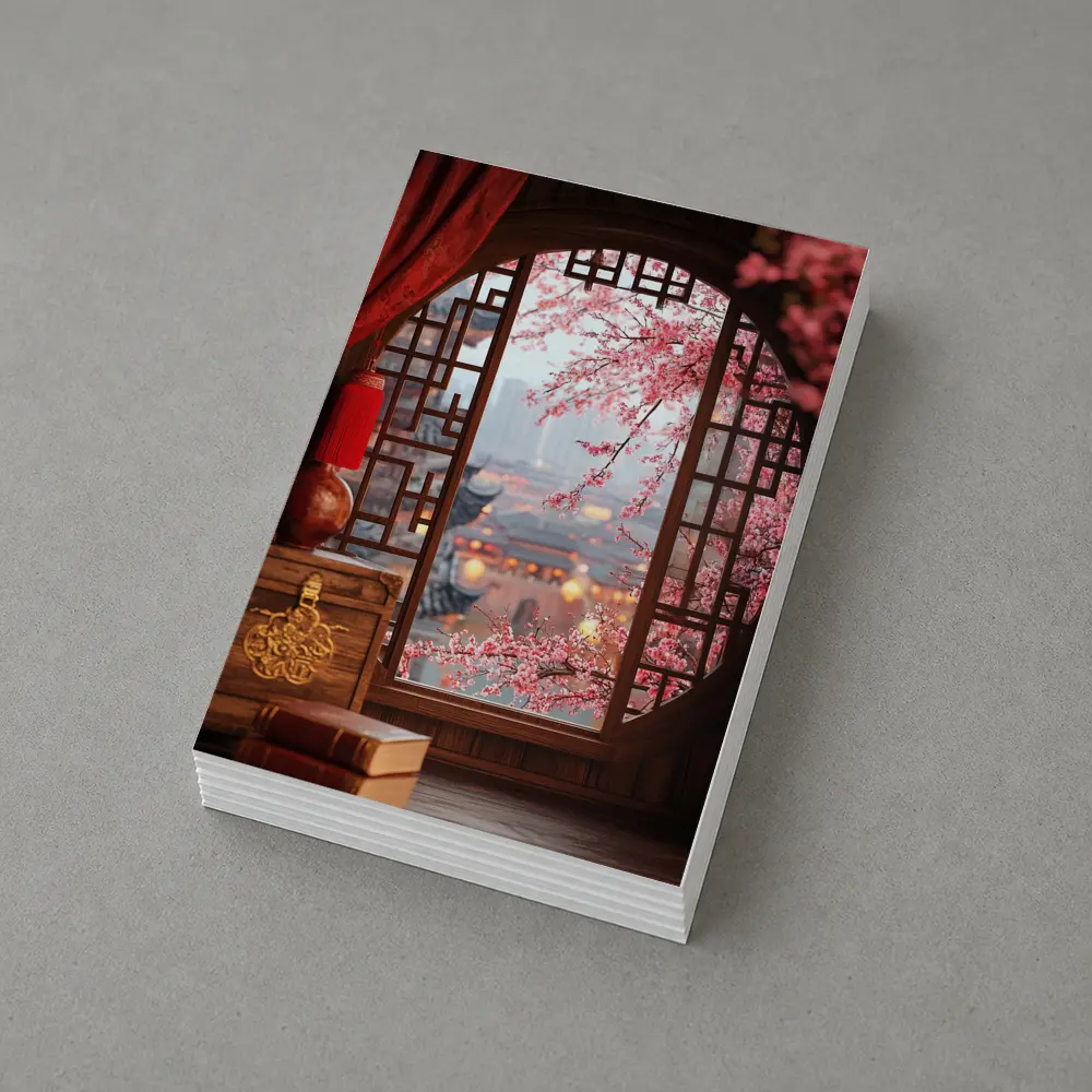 Chinese Window Cherry Blossoms Ancient City View – Postcards