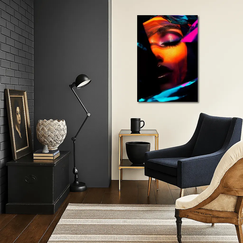 Neon Makeup Woman Dark Cyberpunk Portrait – Wall Art