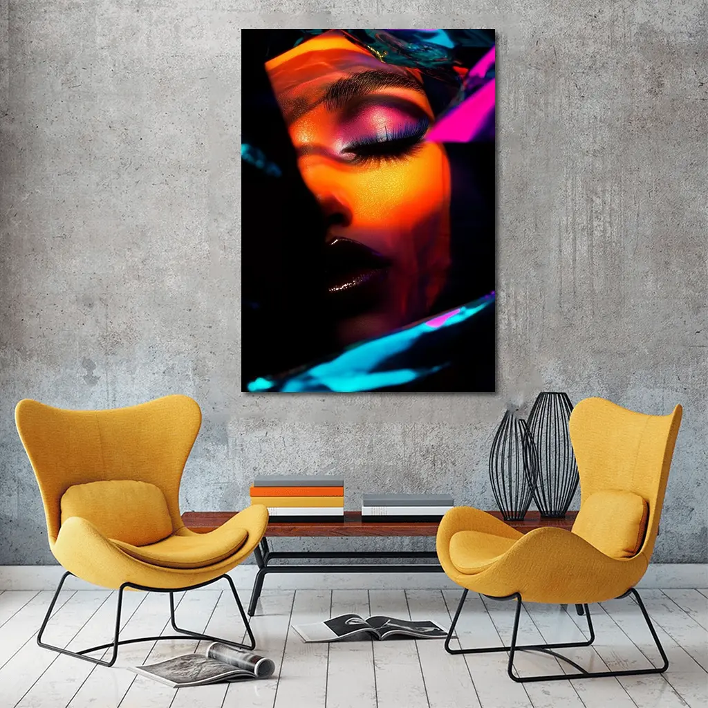 Neon Makeup Woman Dark Cyberpunk Portrait – Wall Art