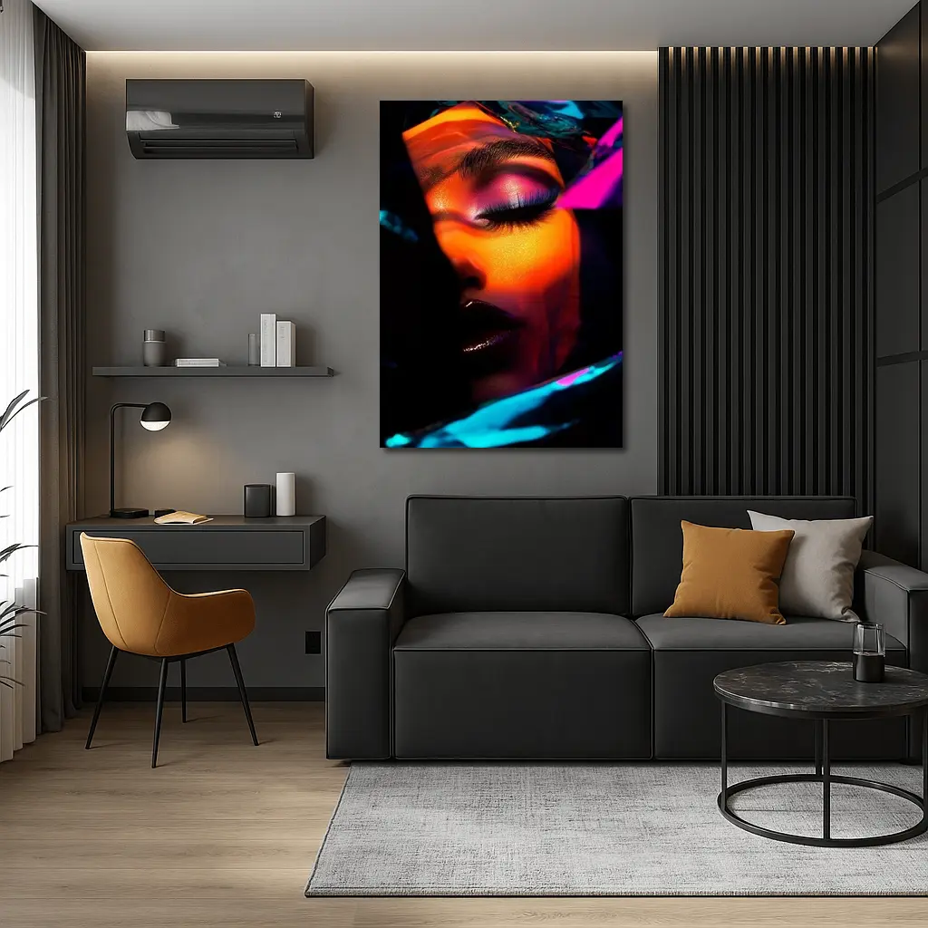 Neon Makeup Woman Dark Cyberpunk Portrait – Wall Art