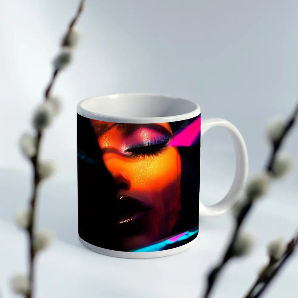 Neon Makeup Woman Dark Cyberpunk Portrait – Mugs