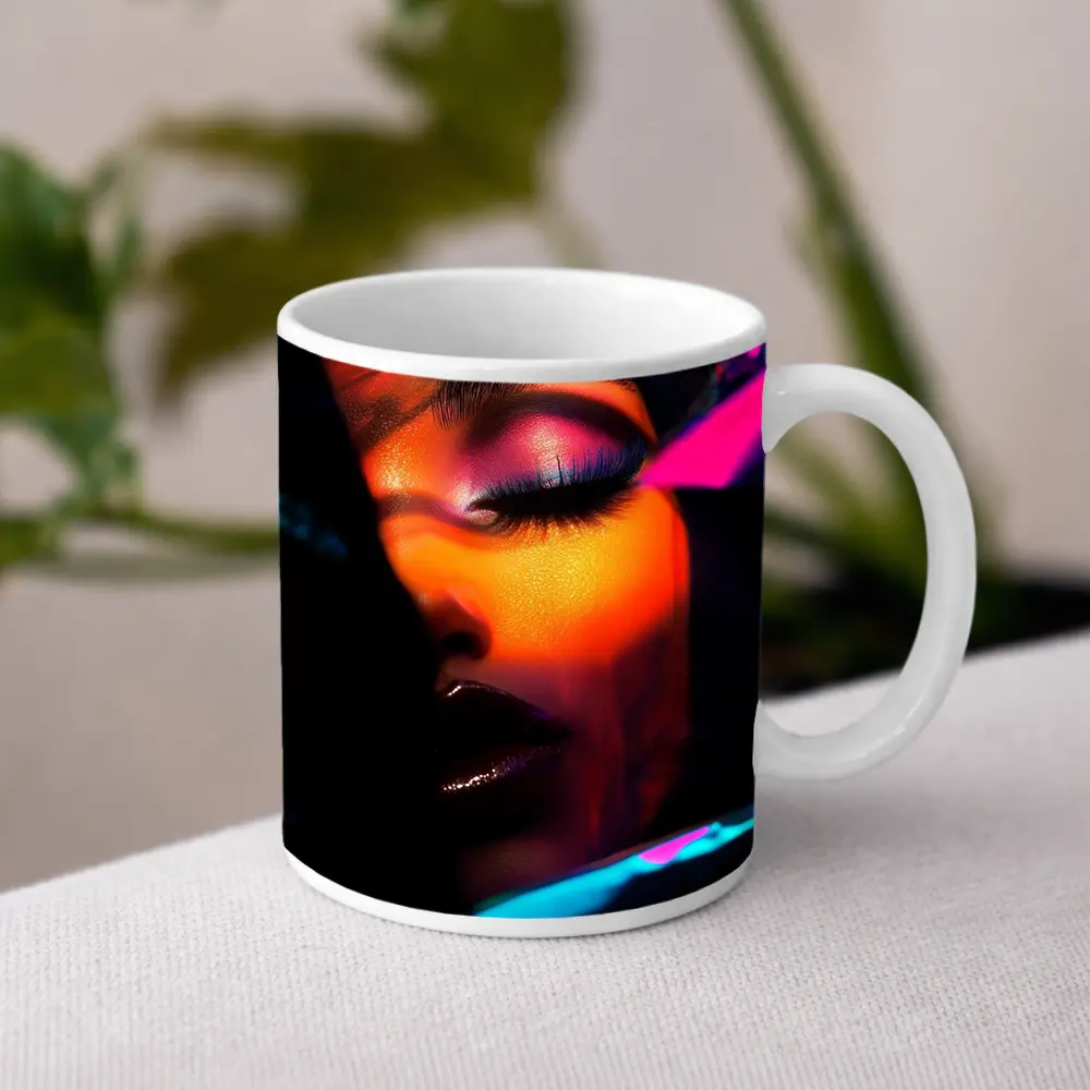 Neon Makeup Woman Dark Cyberpunk Portrait – Mugs