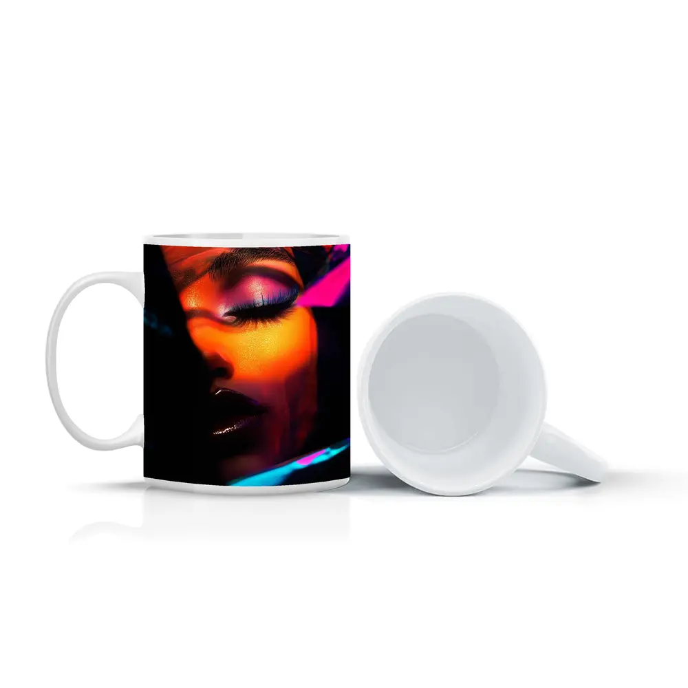 Neon Makeup Woman Dark Cyberpunk Portrait – Mugs